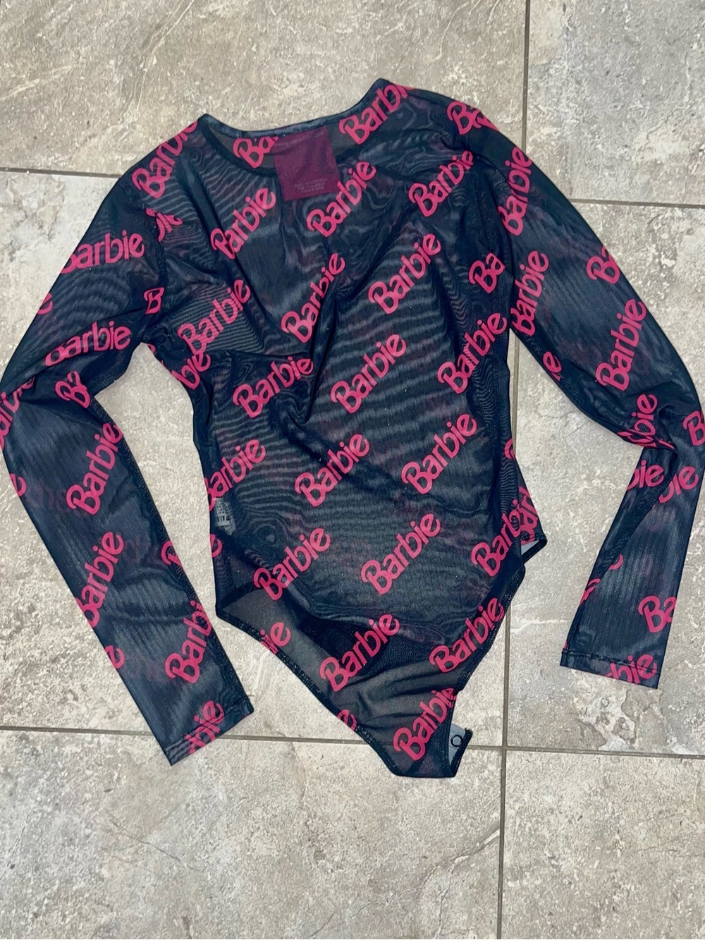 Forever 21 Barbie Black Mesh Long Sleeve Bodysuit with Pink Logo Print